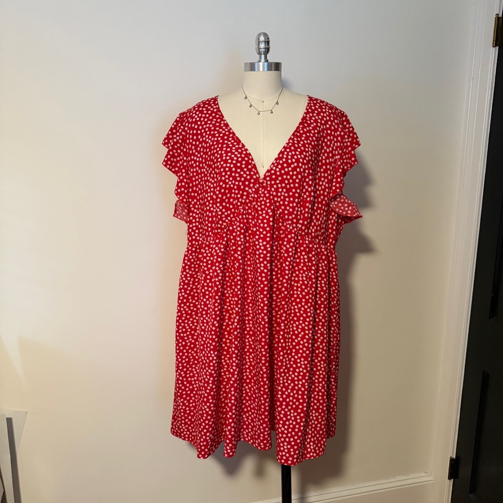 Red Ditsy Floral Vneck Ruffle Sleeve Mini Dress